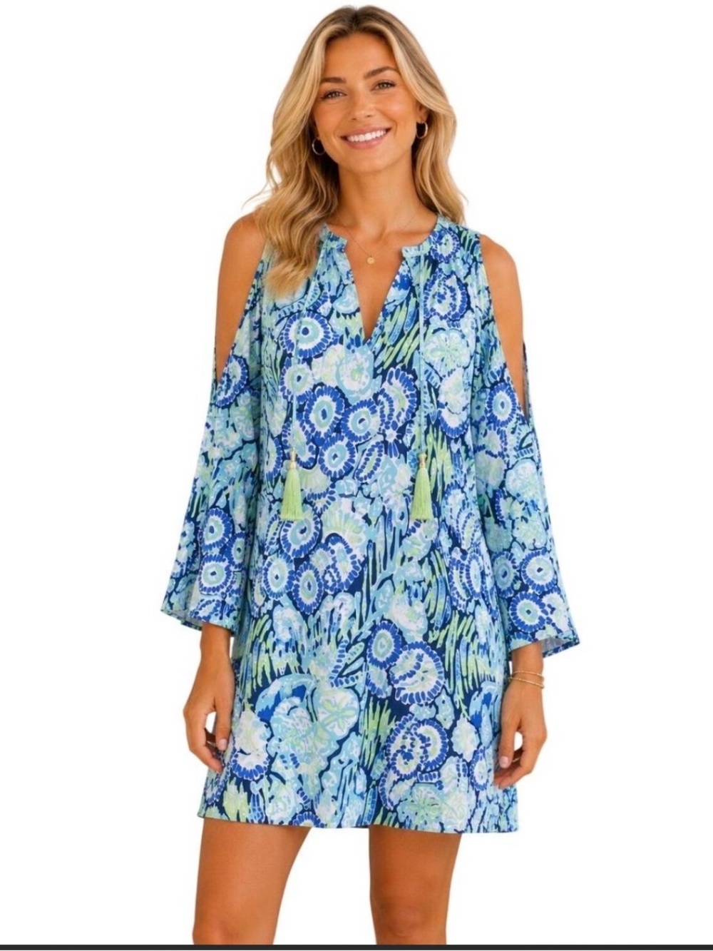 NWT Lilly Pulitzer Benicia Cold Shoulder Tunic Dress Sz Large Indigo Sunset Blue